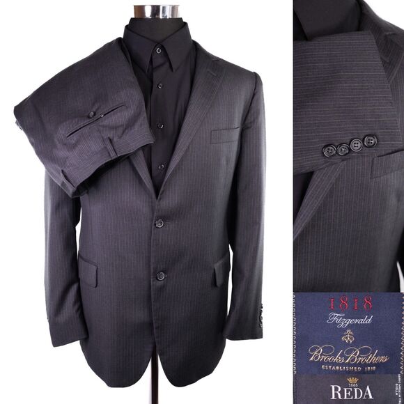 Brooks Brothes 1818 Fitzgerald Mens Suit 45L Gray Chalk Stripe 2pc Blazer Pants - Picture 1 of 16